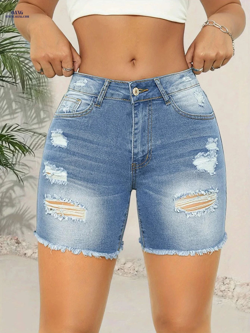 Women's High-Waisted Ripped Denim Shorts - Stretchy Bermuda Fit   OAXG 