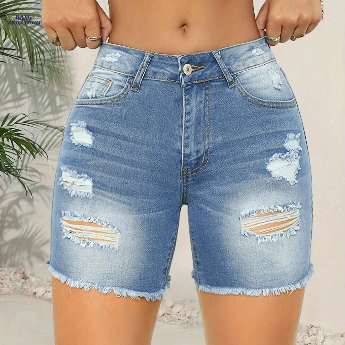 Women's High-Waisted Ripped Denim Shorts - Stretchy Bermuda Fit   OAXG 