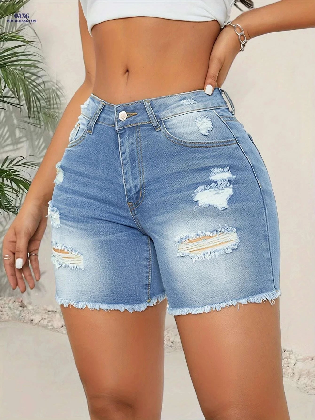 Women's High-Waisted Ripped Denim Shorts - Stretchy Bermuda Fit   OAXG 