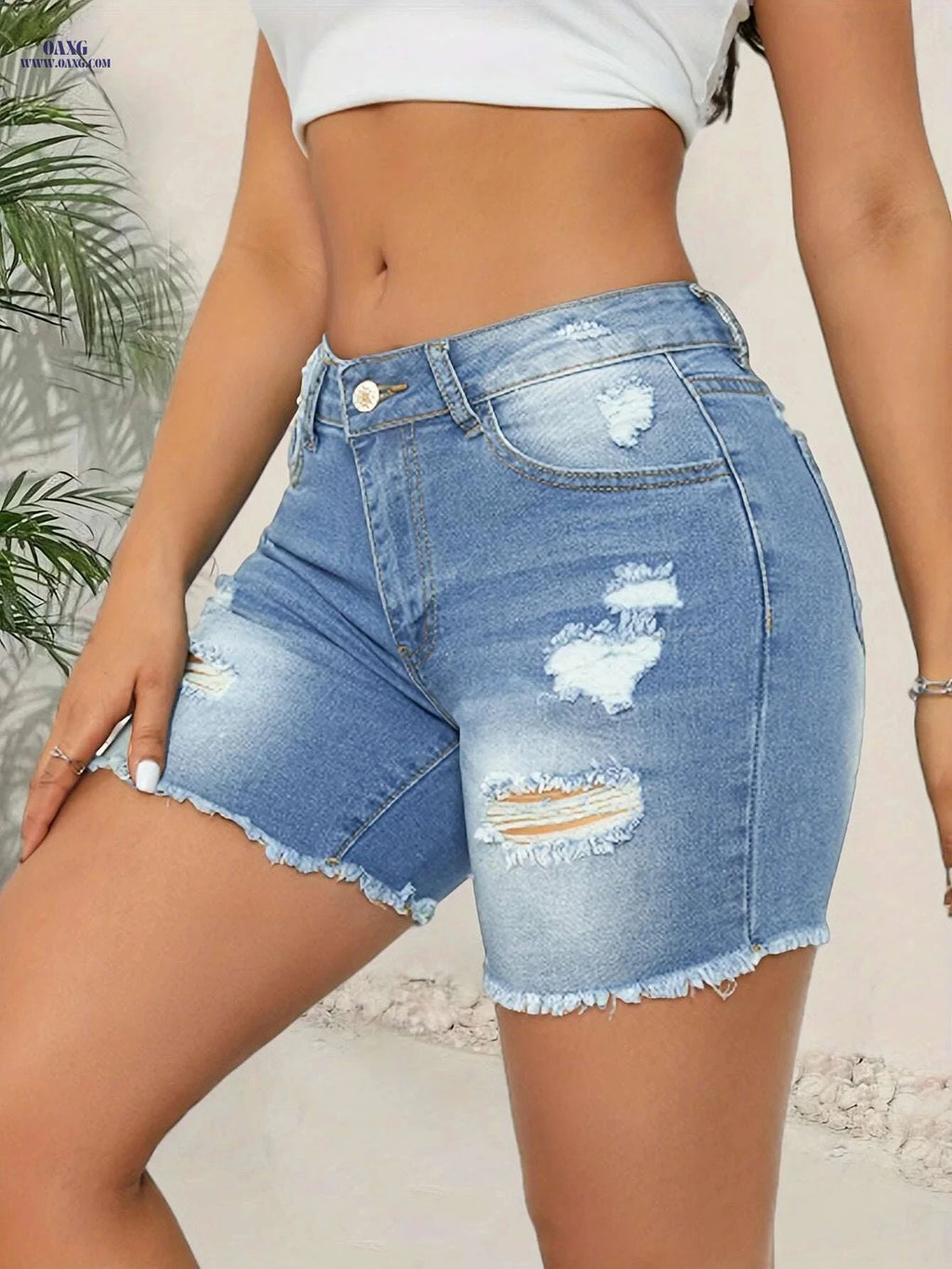 Women's High-Waisted Ripped Denim Shorts - Stretchy Bermuda Fit   OAXG 