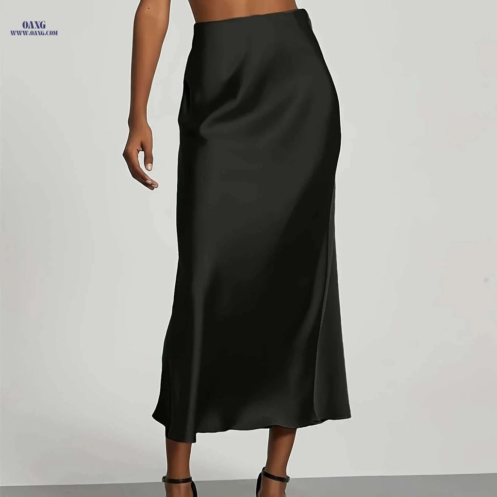 Women's High-Waisted Satin Skirt - Elegant All-Season Wear for Events   OAXG Black / XS