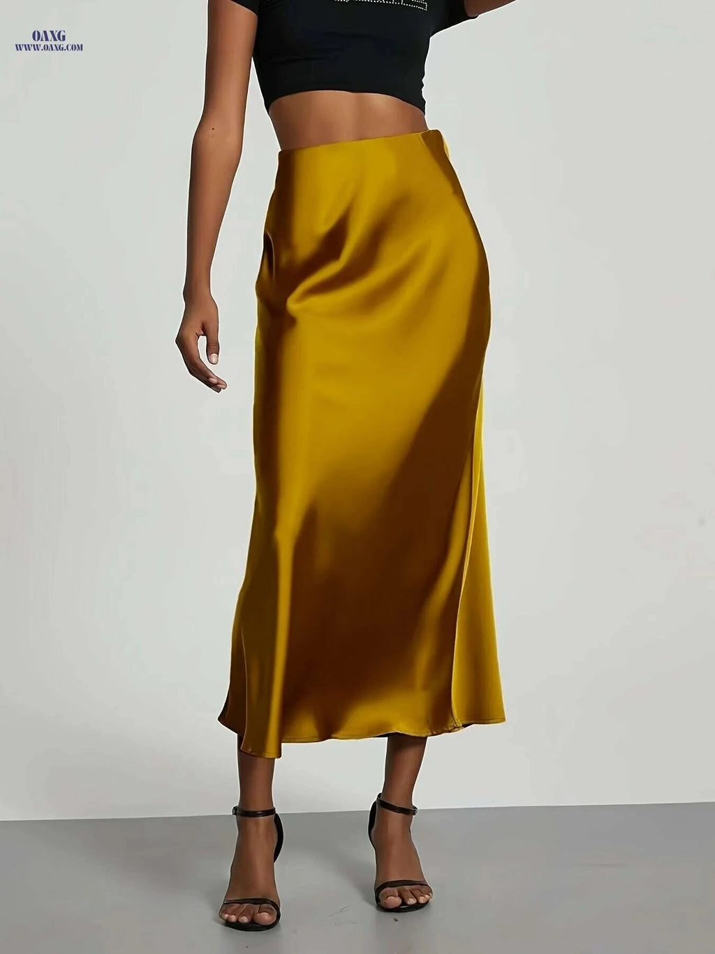 Women's High-Waisted Satin Skirt - Elegant All-Season Wear for Events   OAXG Black / XS