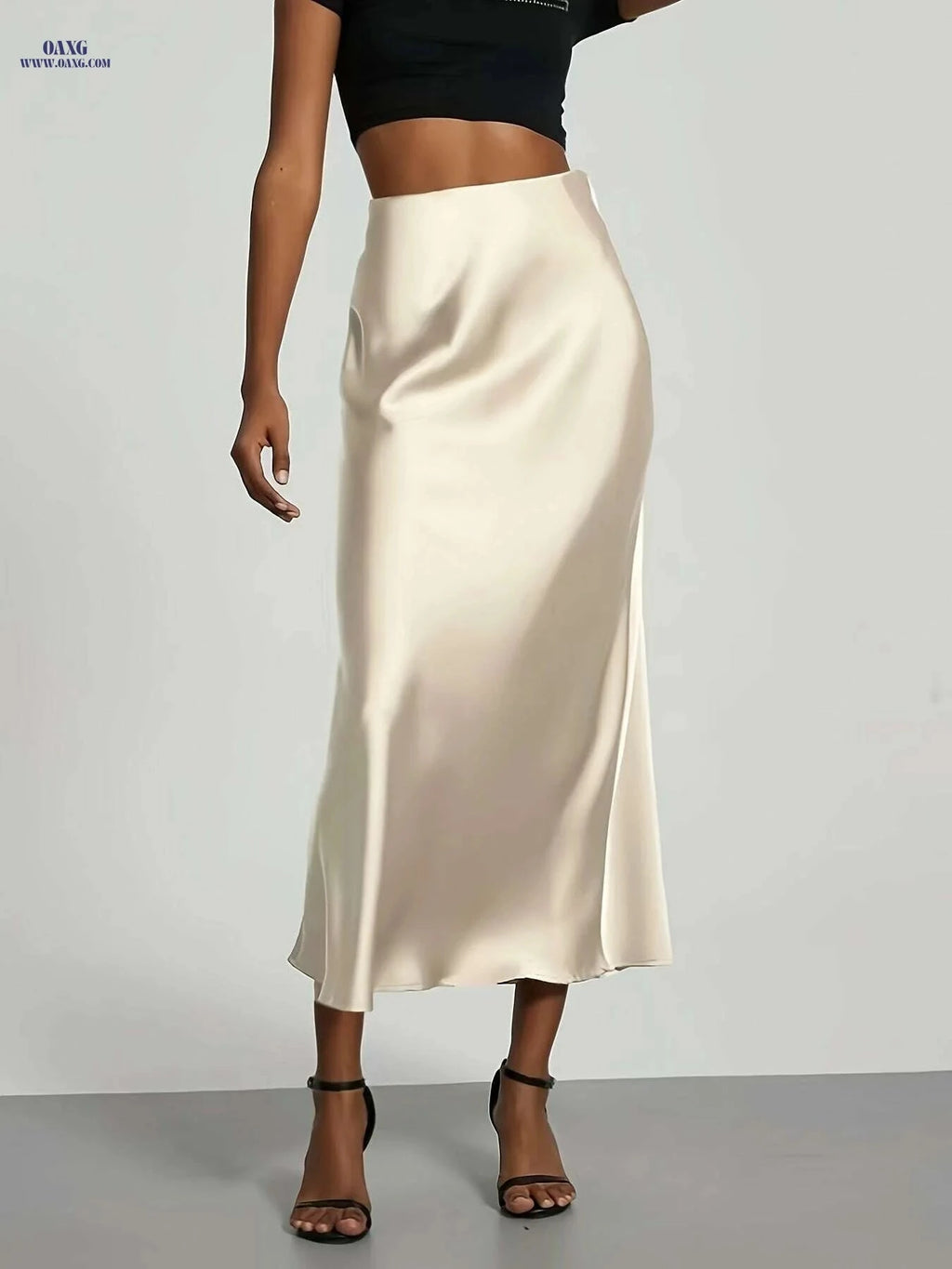 Women's High-Waisted Satin Skirt - Elegant All-Season Wear for Events   OAXG Black / XS