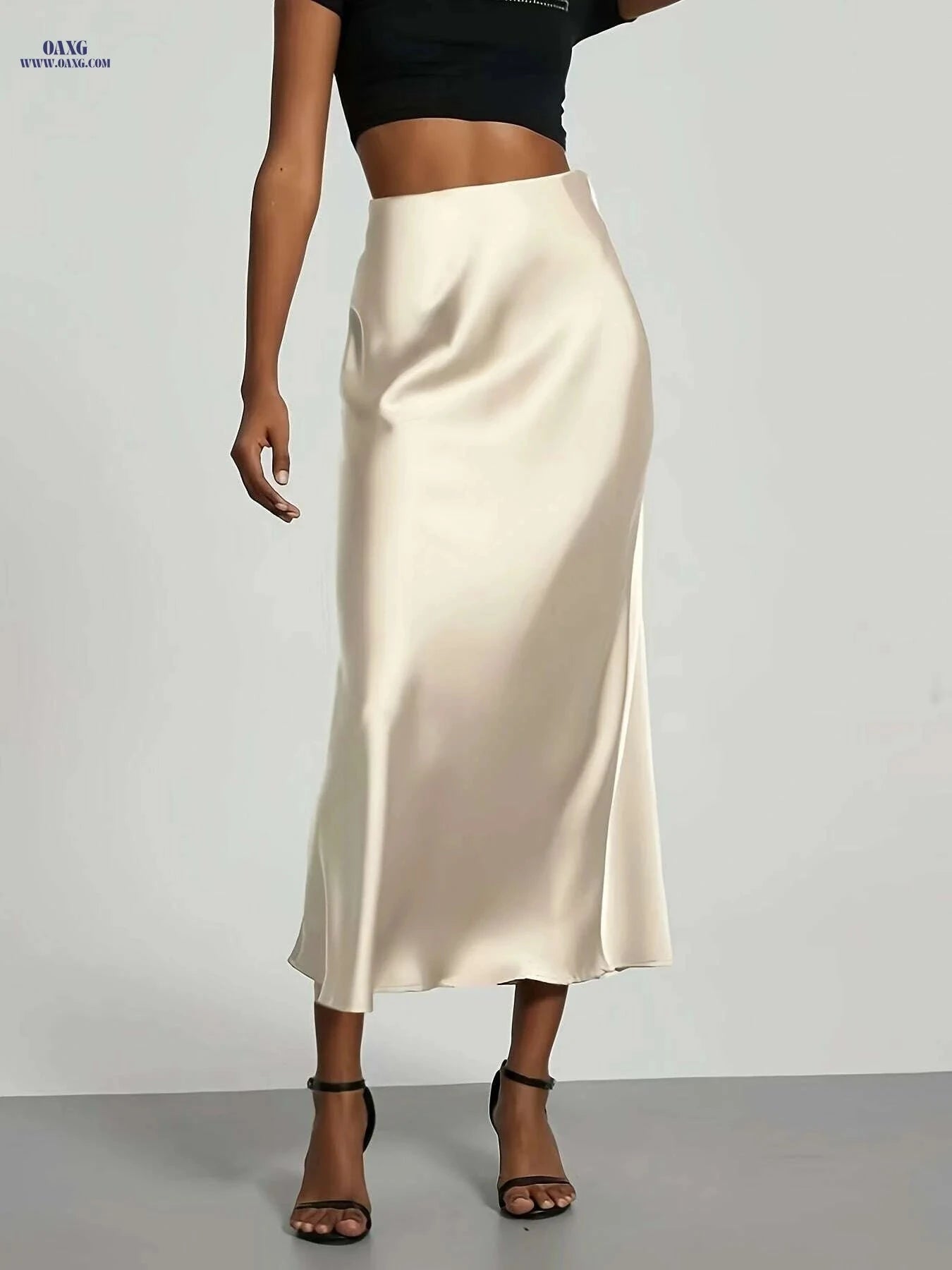 Women's High-Waisted Satin Skirt - Elegant All-Season Wear for Events   OAXG Black / XS