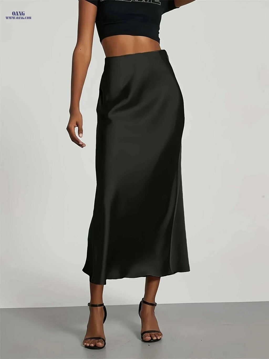 Women's High-Waisted Satin Skirt - Elegant All-Season Wear for Events   OAXG Black / XS