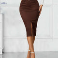 Women's High-Waisted Skinny Jeans Skirt - Coffee Brown Bodycon Fit   OAXG 