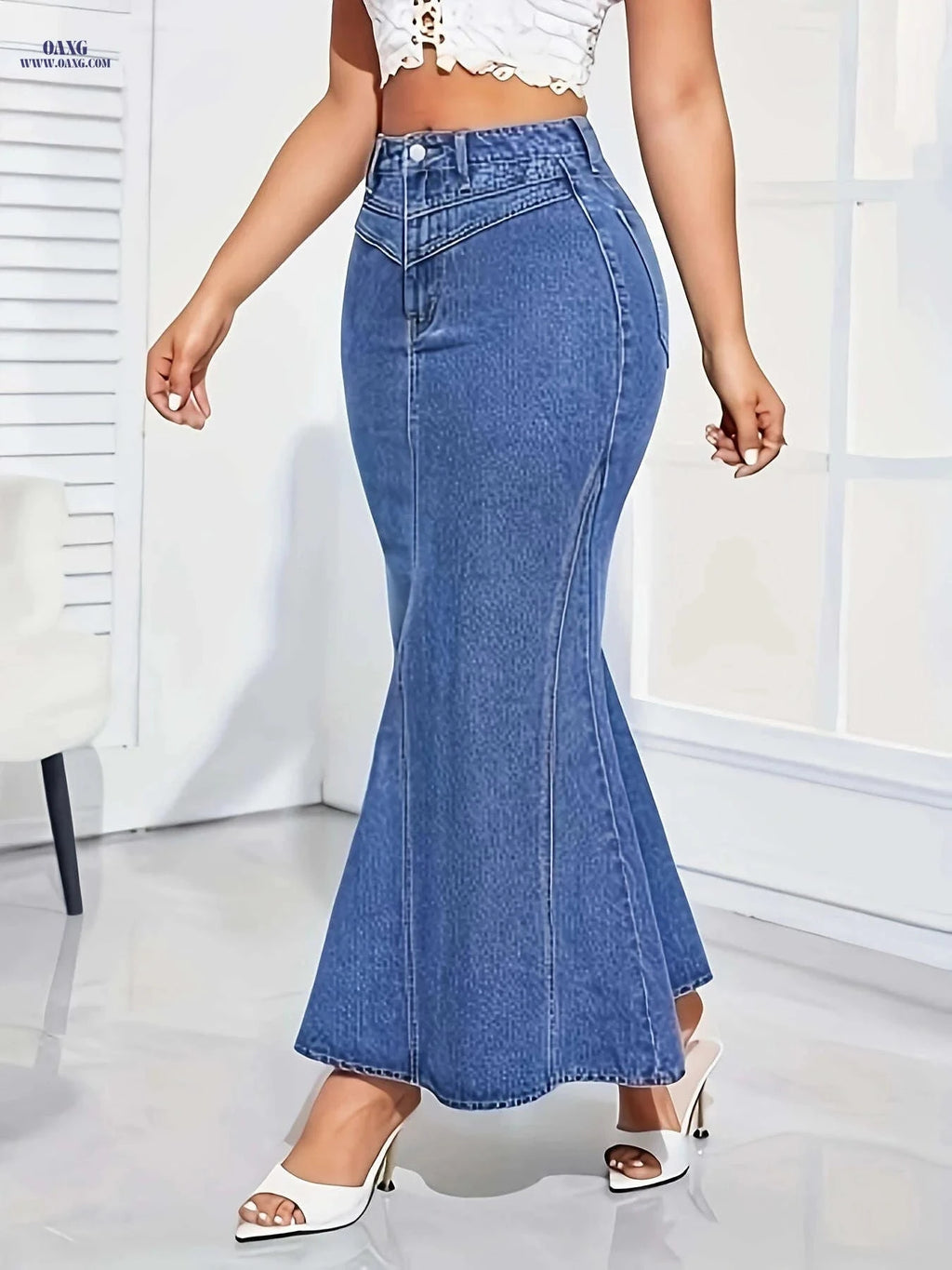 Women's High-Waisted Skinny Jeans Skirt - Stretchy & Machine Washable   OAXG Medium Blue / S