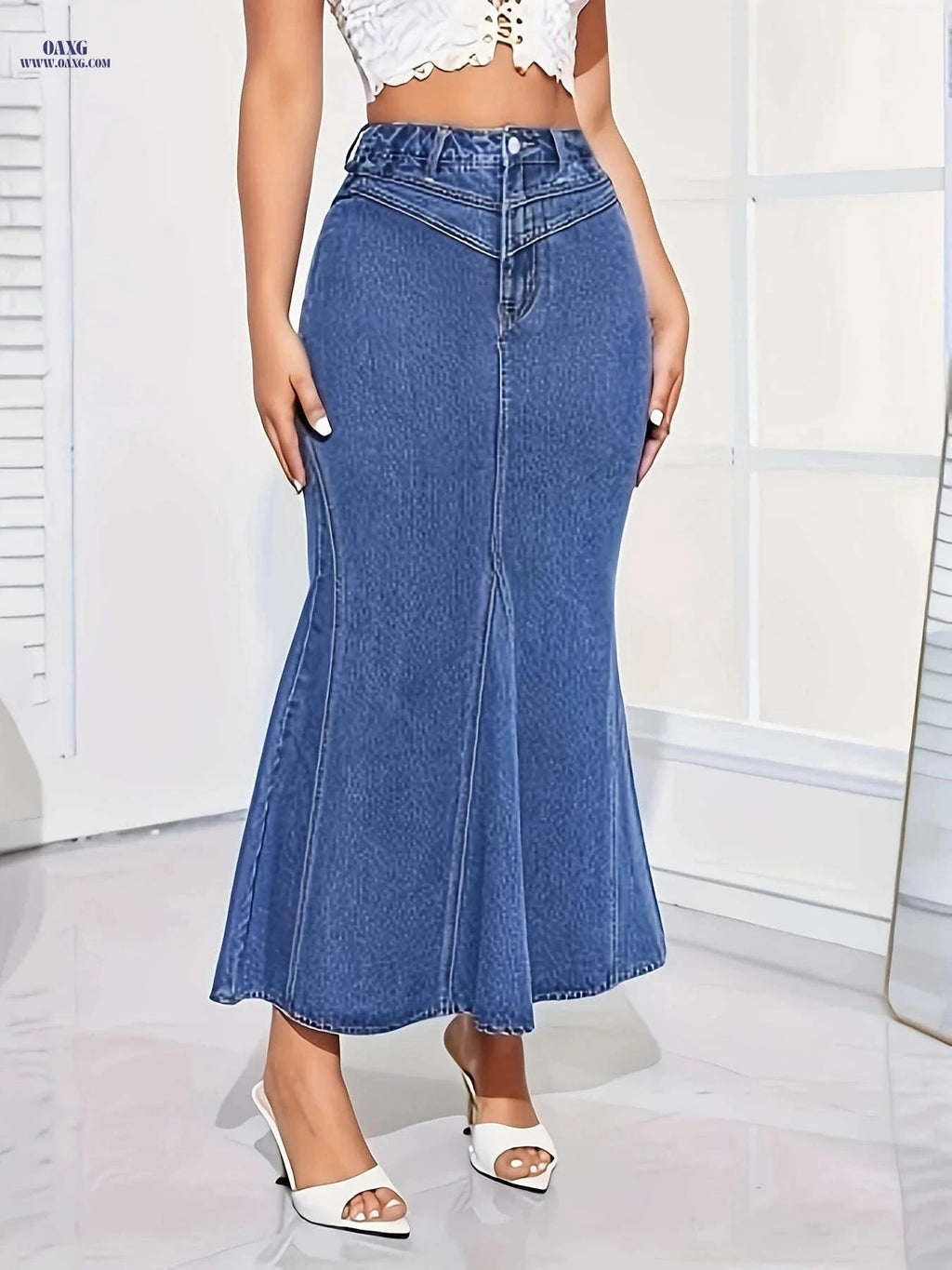 Women's High-Waisted Skinny Jeans Skirt - Stretchy & Machine Washable   OAXG Medium Blue / S