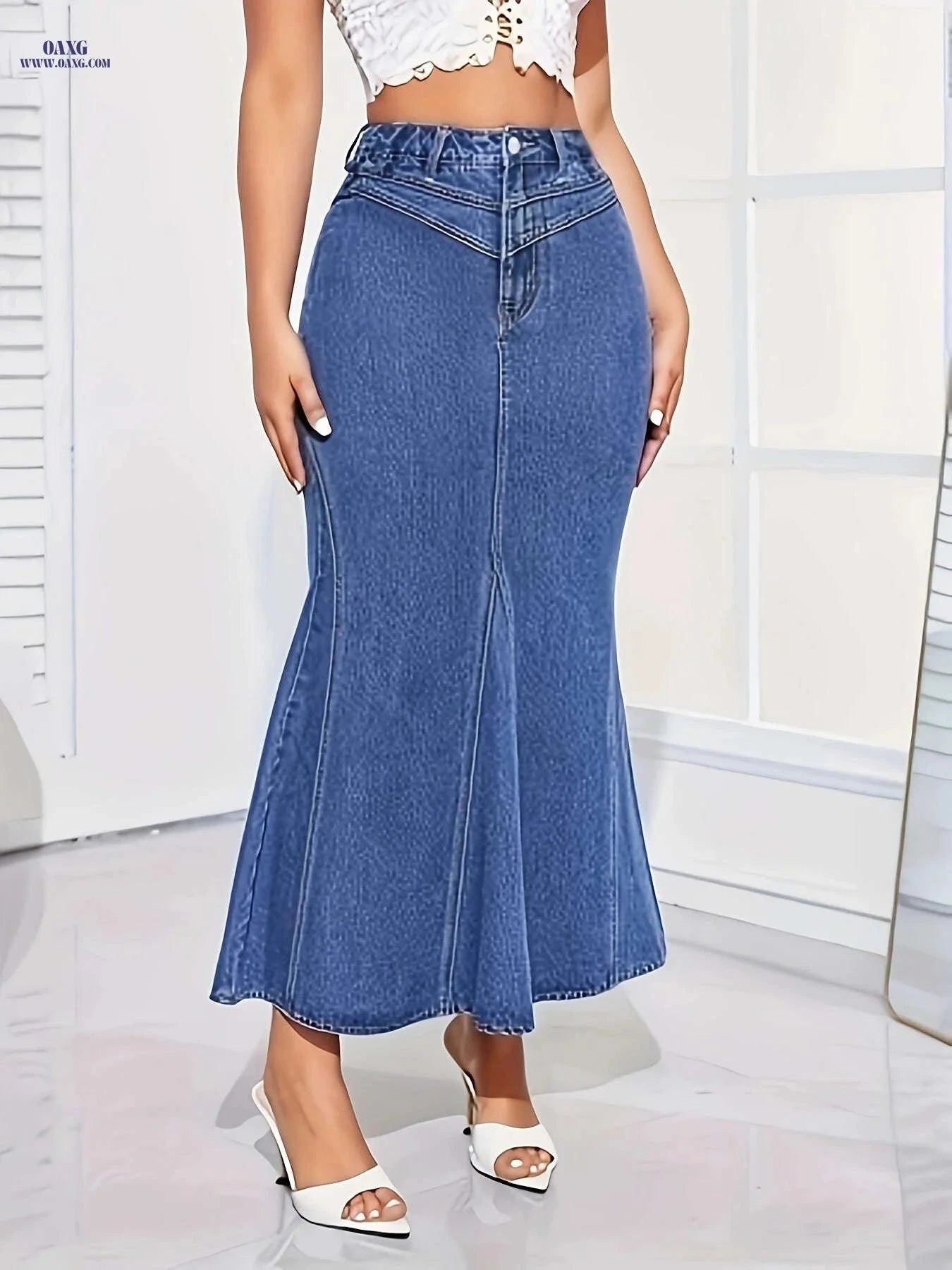 Women's High-Waisted Skinny Jeans Skirt - Stretchy & Machine Washable   OAXG Medium Blue / S
