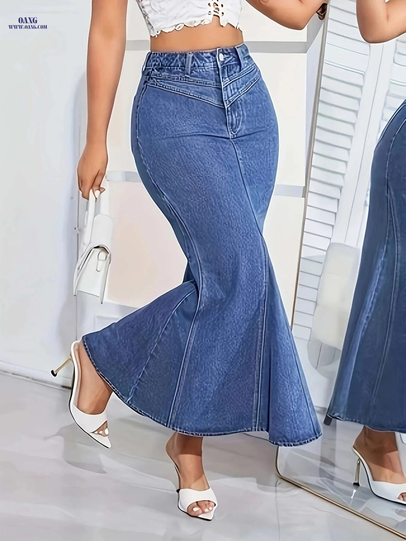 Women's High-Waisted Skinny Jeans Skirt - Stretchy & Machine Washable   OAXG Medium Blue / S