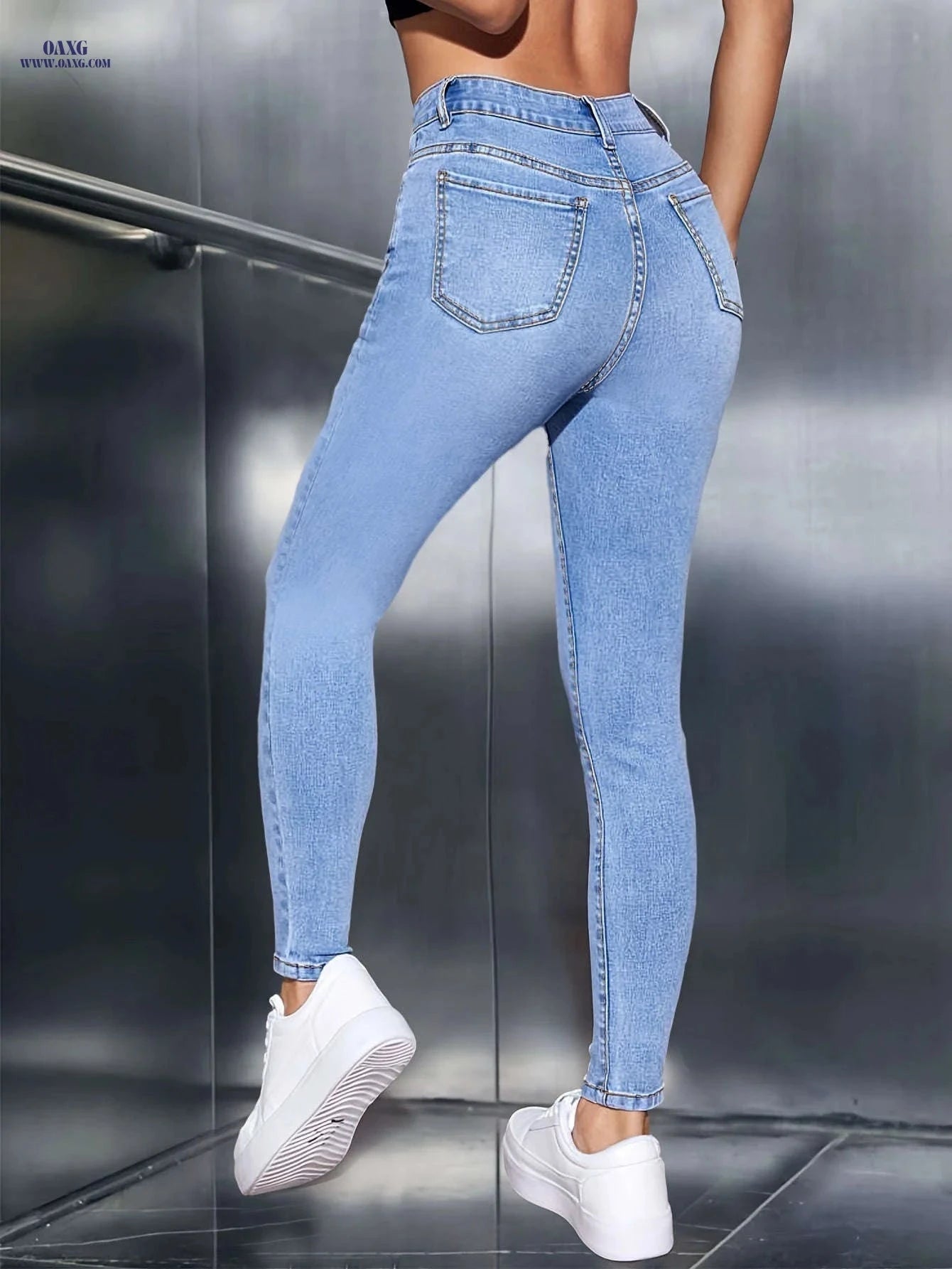 Women's High-Waisted Skinny Jeans - Stretch Blue Washed Casual Wear   OAXG Blue / XS