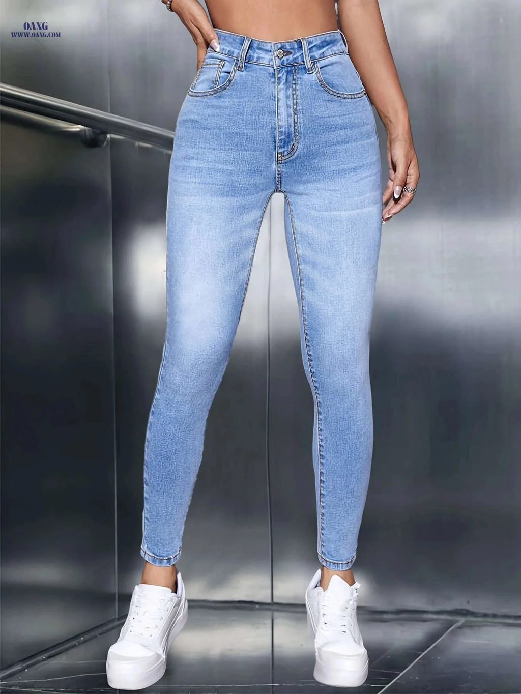 Women's High-Waisted Skinny Jeans - Stretch Blue Washed Casual Wear   OAXG Blue / XS