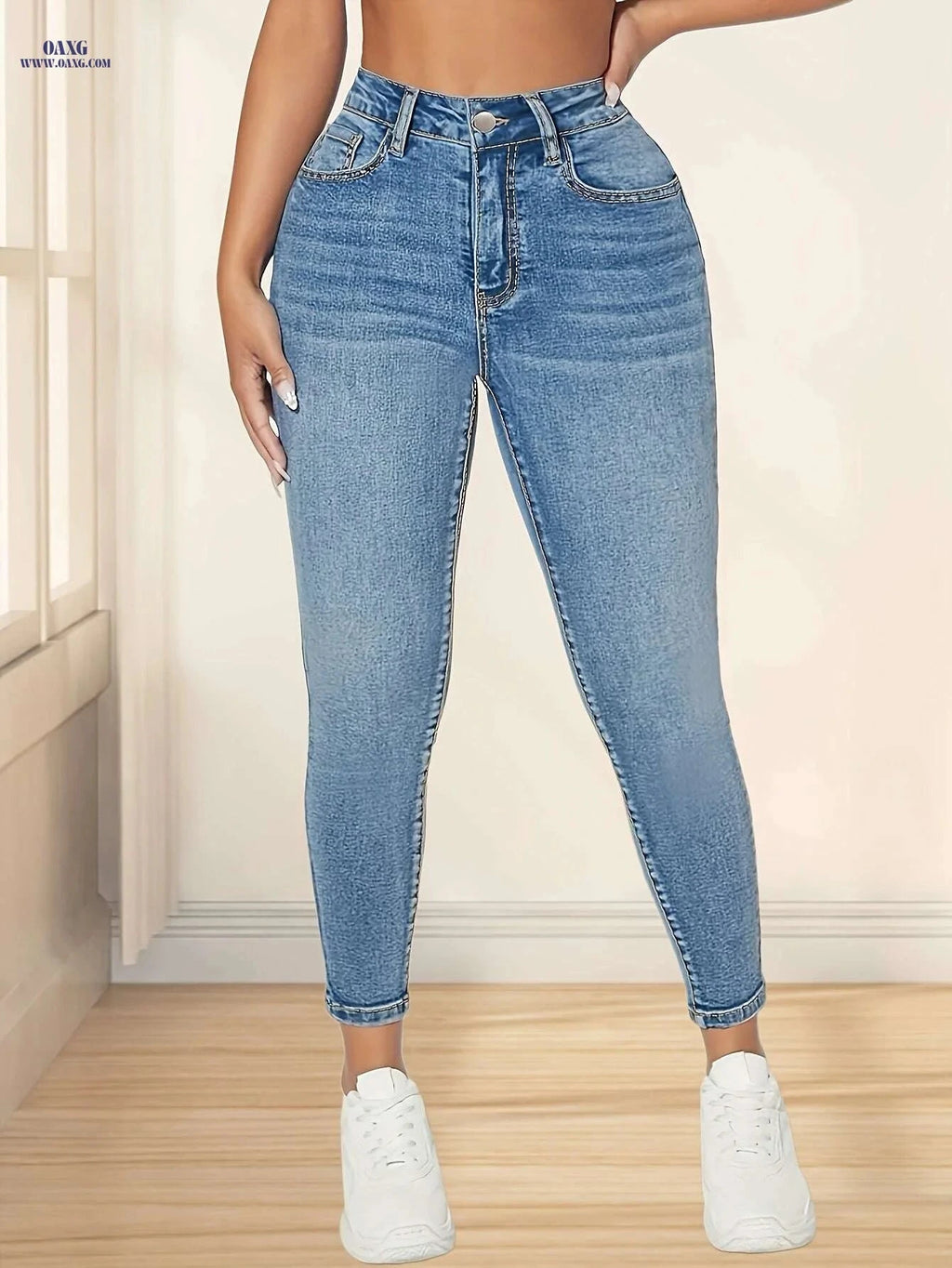 Women's High-Waisted Skinny Jeans - Stretch Denim, Classic Blue Fit   OAXG Blue / XS