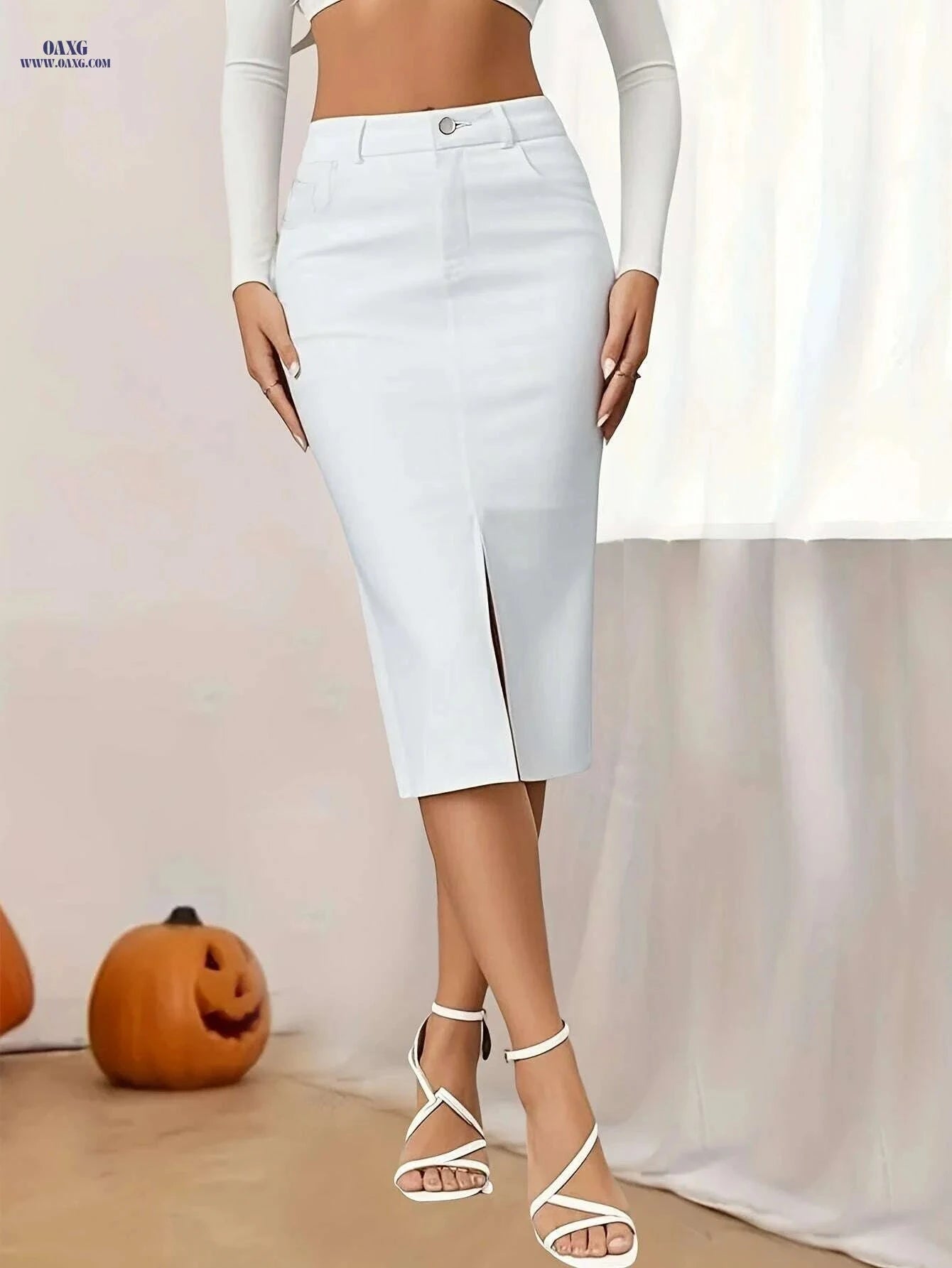 Women's High-Waisted Slim-Fit White Denim Skirt - Spring & Summer   OAXG 