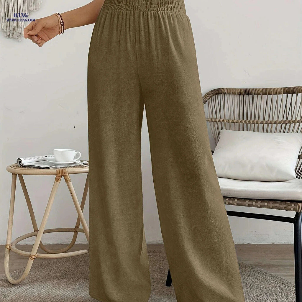Women's High-Waisted Solid Color Wide Leg Leisure Pants for Vacation   OAXG 