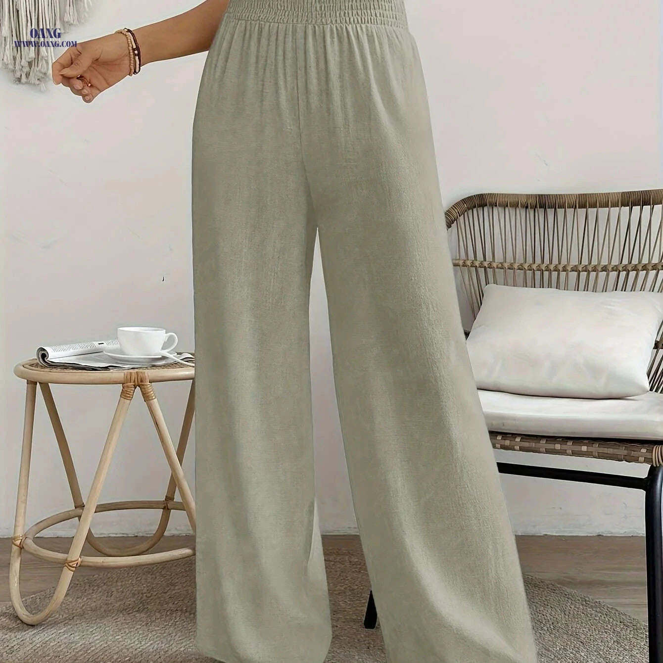 Women's High-Waisted Solid Color Wide Leg Leisure Pants for Vacation   OAXG 