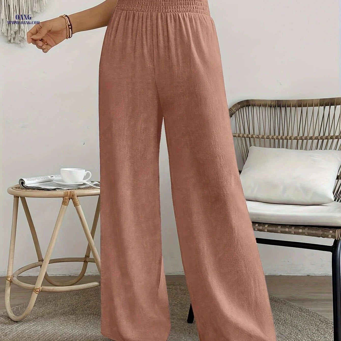 Women's High-Waisted Solid Color Wide Leg Leisure Pants for Vacation   OAXG 