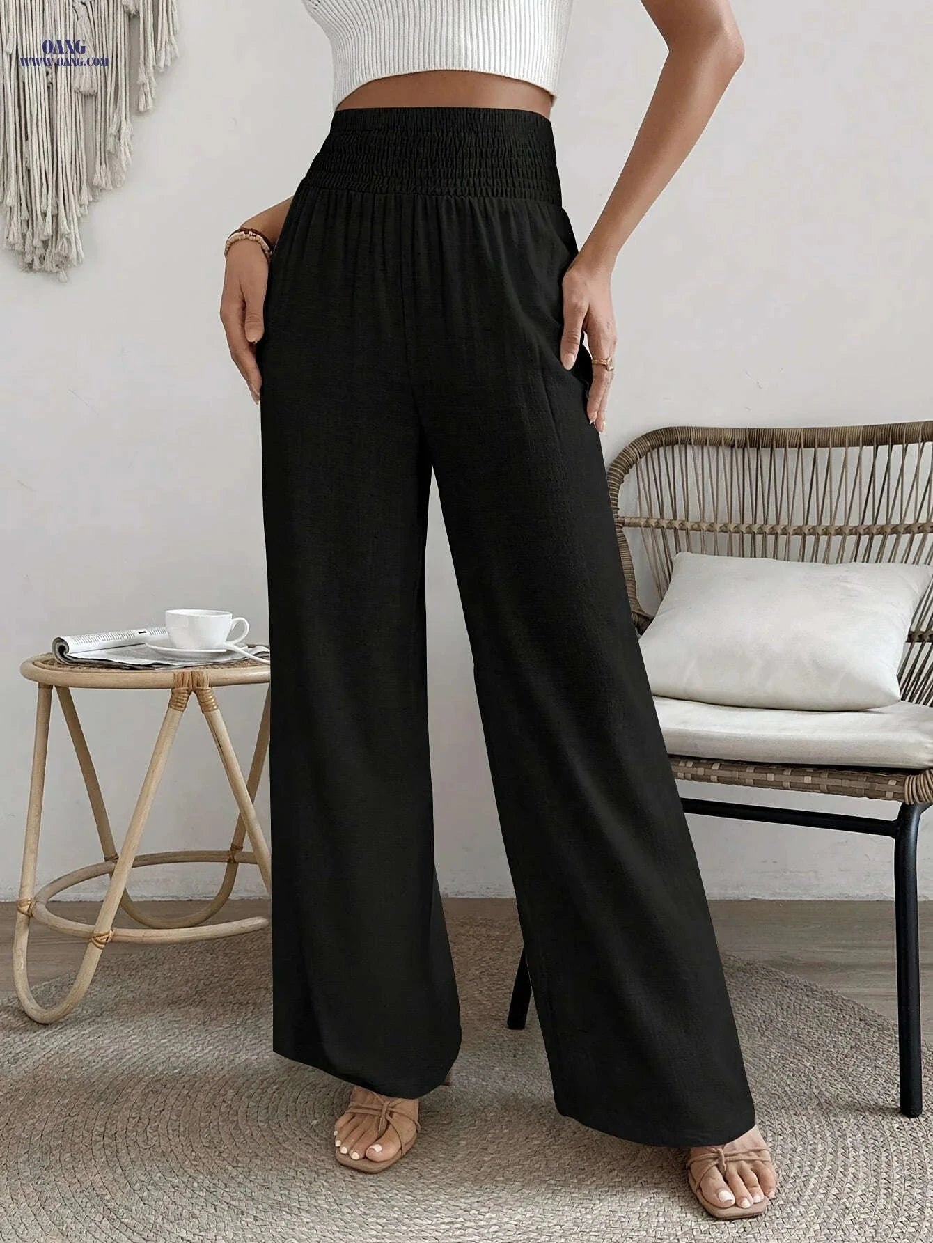 Women's High-Waisted Solid Color Wide Leg Leisure Pants for Vacation   OAXG 