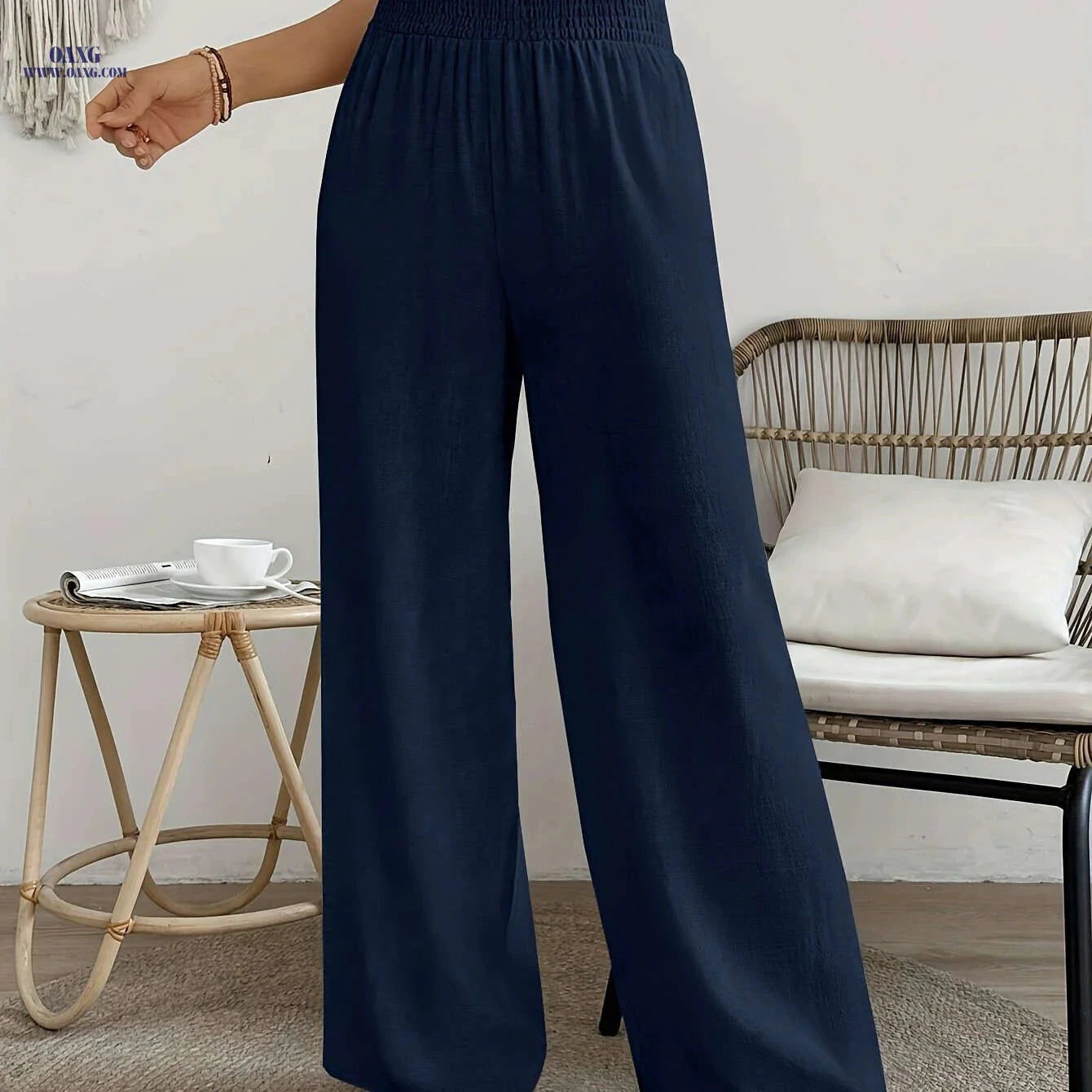 Women's High-Waisted Solid Color Wide Leg Leisure Pants for Vacation   OAXG 
