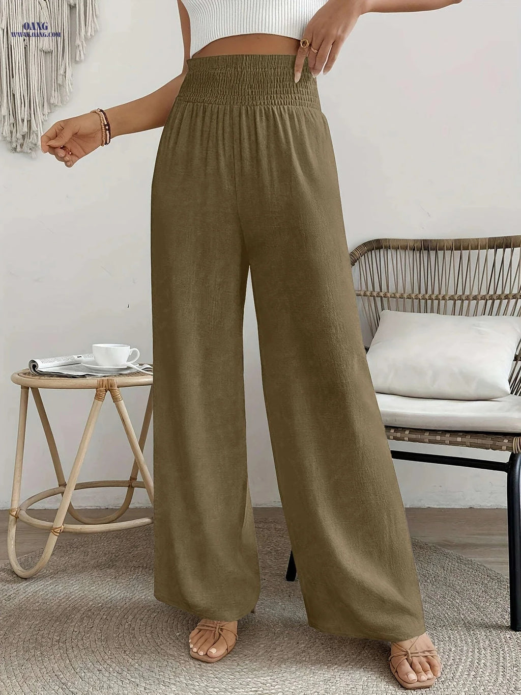 Women's High-Waisted Solid Color Wide Leg Leisure Pants for Vacation   OAXG 