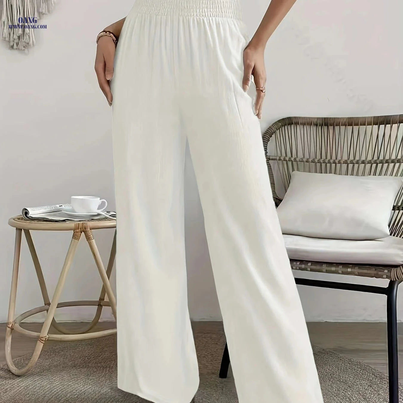 Women's High-Waisted Solid Color Wide Leg Leisure Pants for Vacation   OAXG 