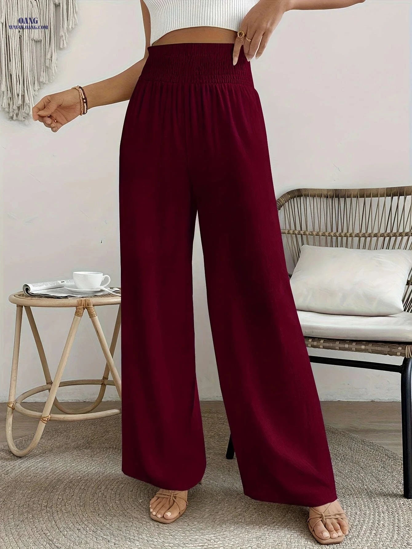 Women's High-Waisted Solid Color Wide Leg Leisure Pants for Vacation   OAXG 