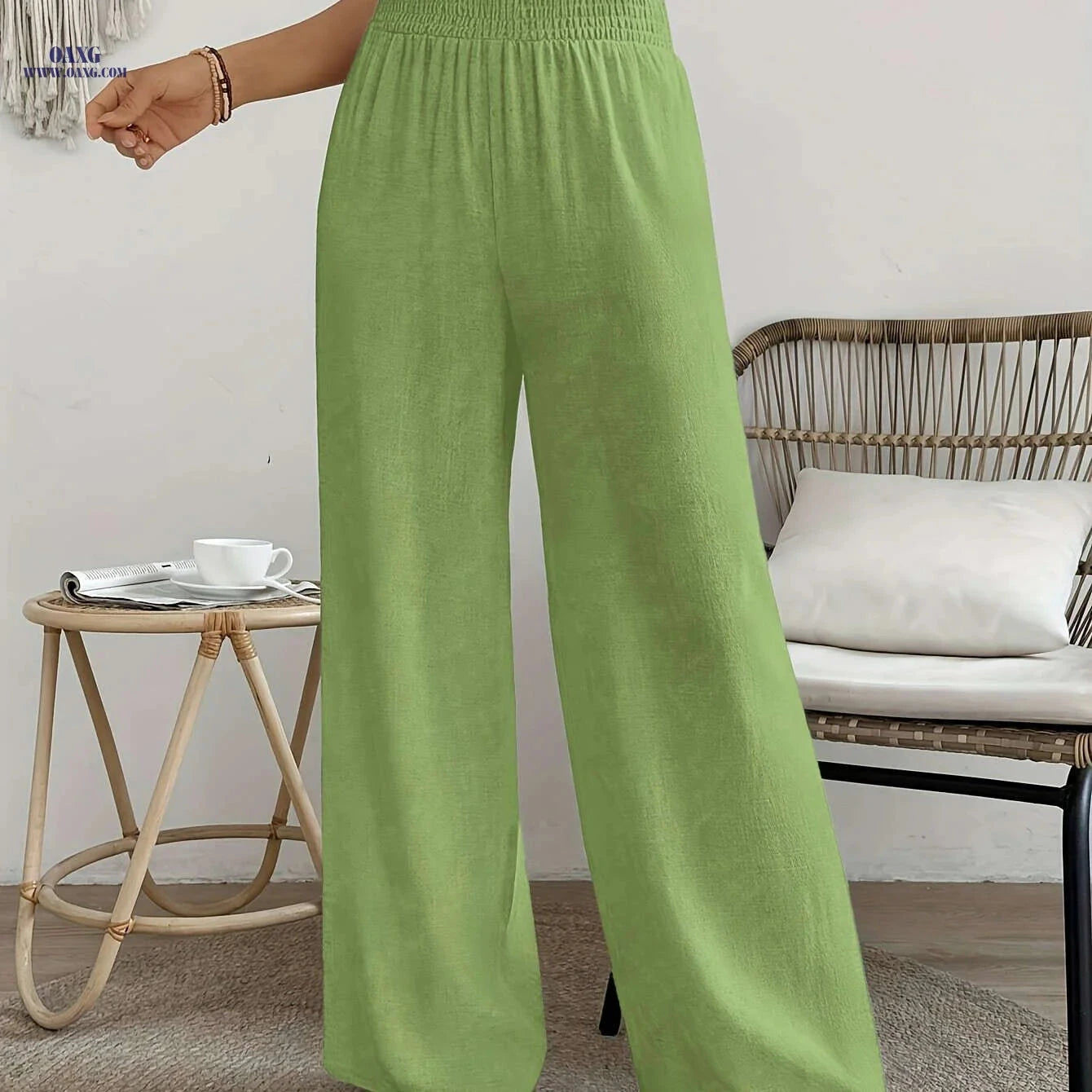 Women's High-Waisted Solid Color Wide Leg Leisure Pants for Vacation   OAXG 