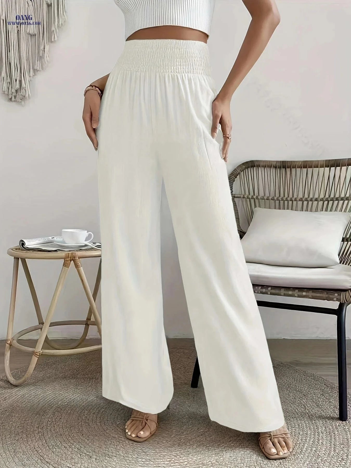 Women's High-Waisted Solid Color Wide Leg Leisure Pants for Vacation   OAXG 