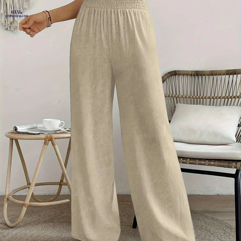 Women's High-Waisted Solid Color Wide Leg Leisure Pants for Vacation   OAXG 