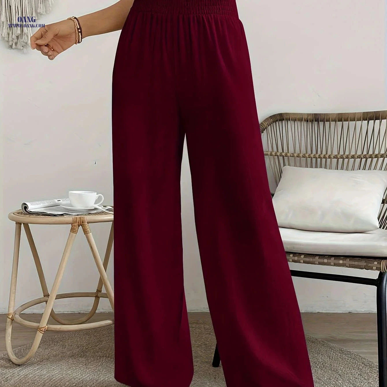 Women's High-Waisted Solid Color Wide Leg Leisure Pants for Vacation   OAXG 