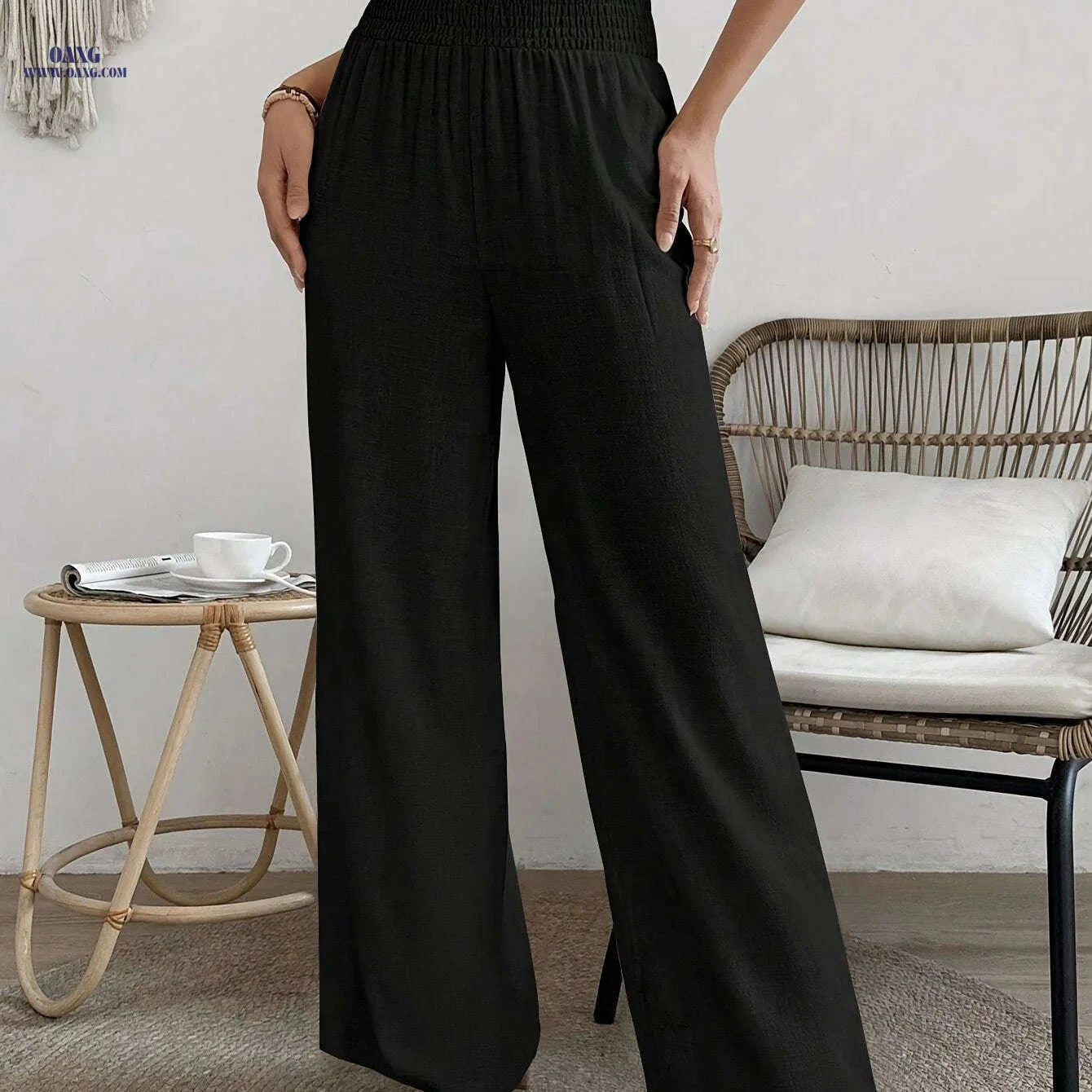 Women's High-Waisted Solid Color Wide Leg Leisure Pants for Vacation   OAXG Black / S