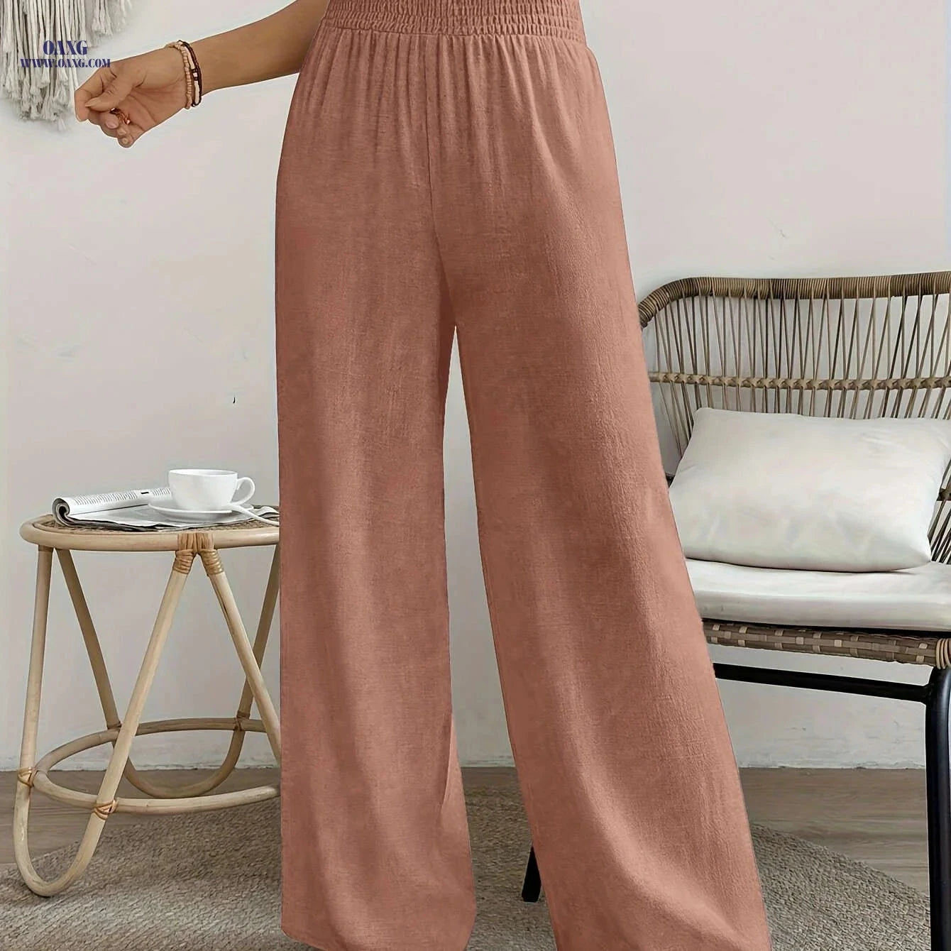 Women's High-Waisted Solid Color Wide Leg Leisure Pants for Vacation   OAXG 
