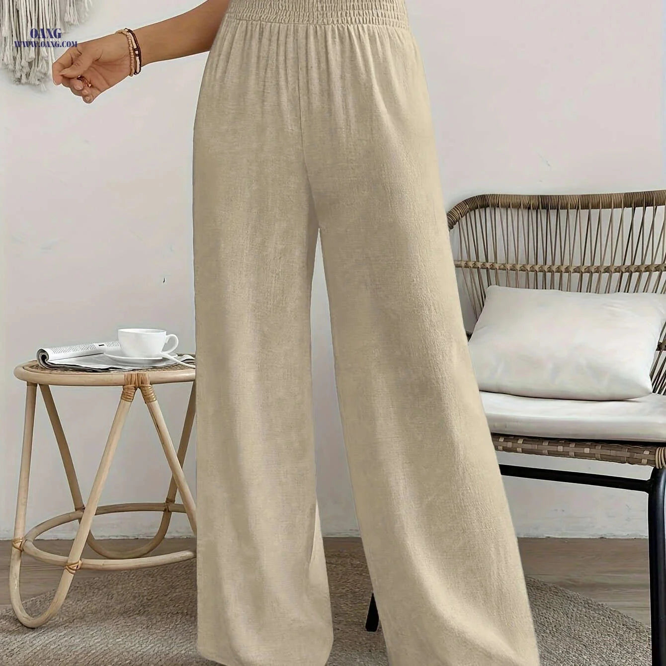 Women's High-Waisted Solid Color Wide Leg Leisure Pants for Vacation   OAXG 