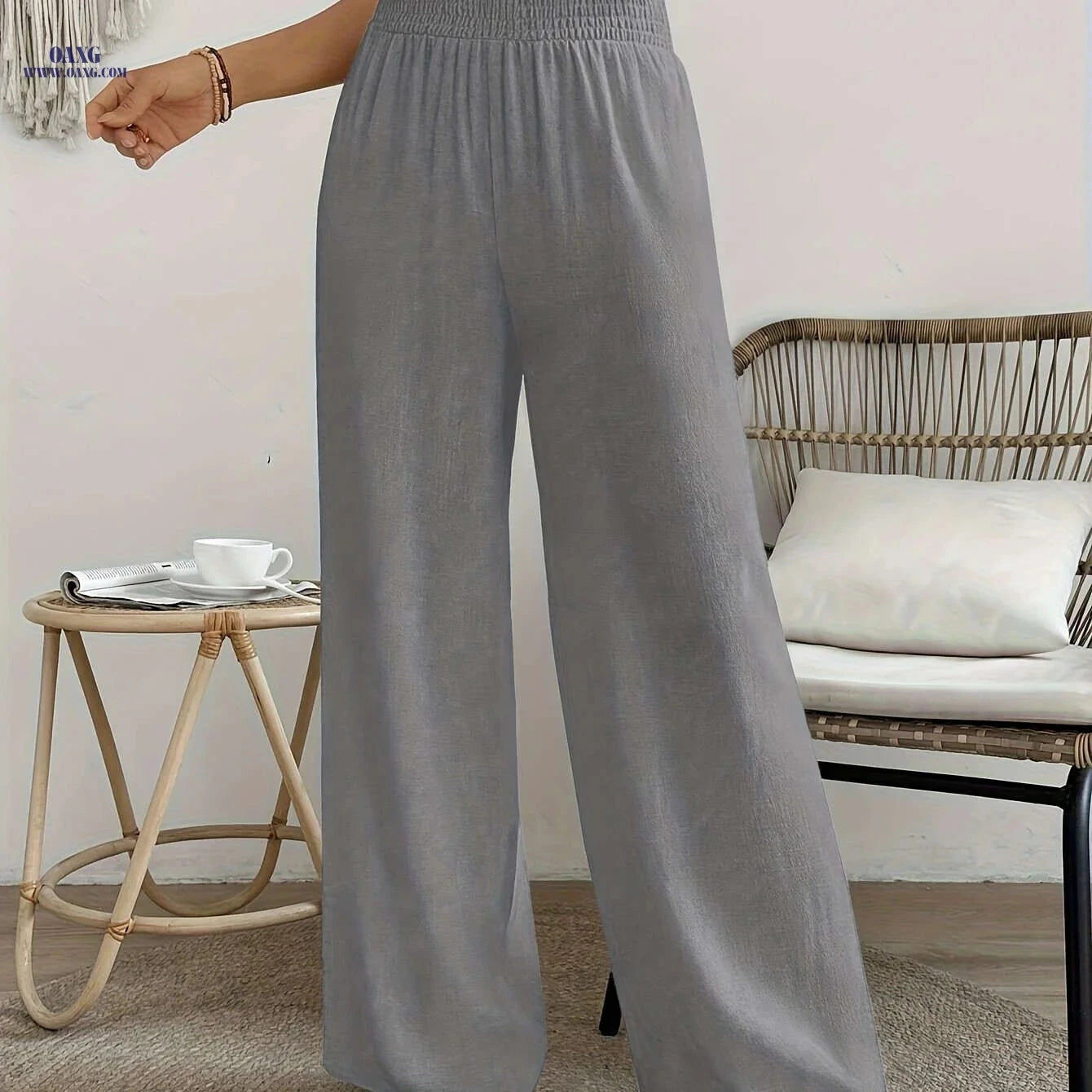 Women's High-Waisted Solid Color Wide Leg Leisure Pants for Vacation   OAXG 