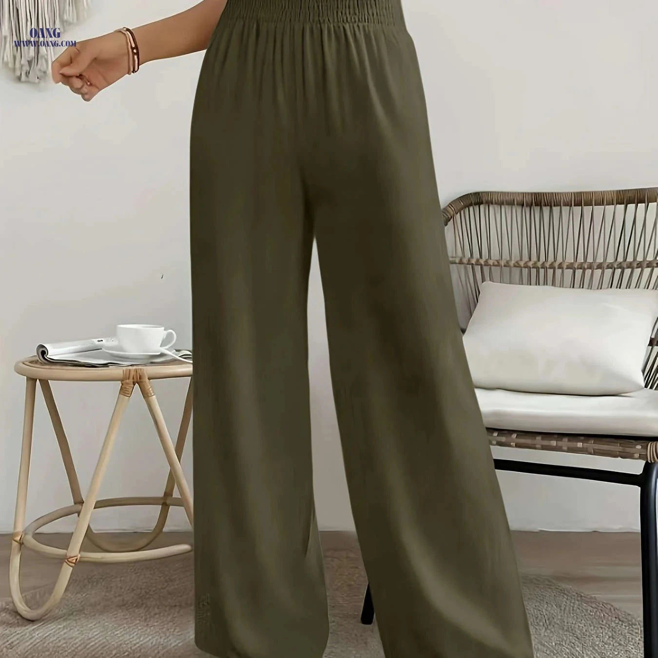 Women's High-Waisted Solid Color Wide Leg Leisure Pants for Vacation   OAXG 