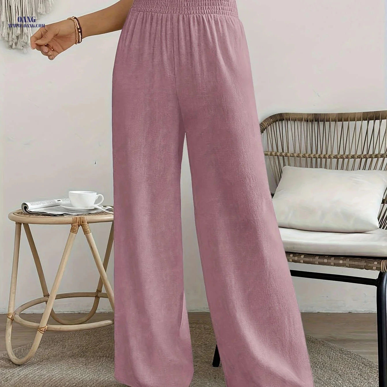 Women's High-Waisted Solid Color Wide Leg Leisure Pants for Vacation   OAXG 