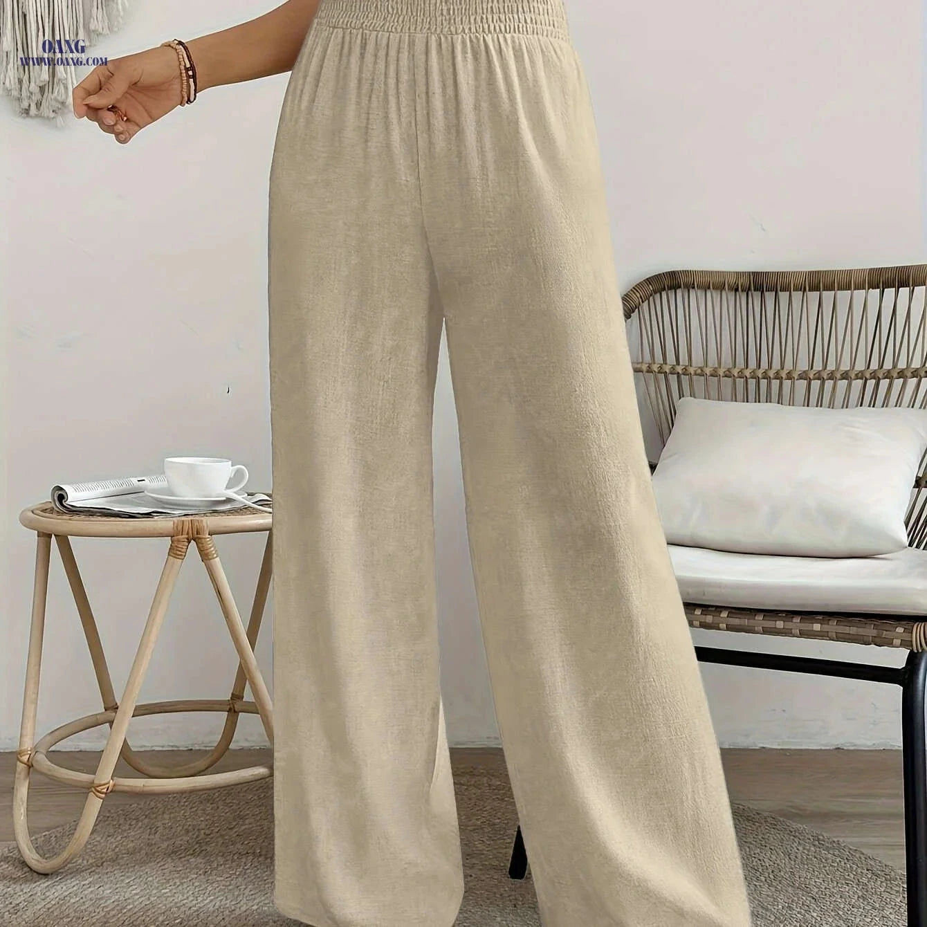 Women's High-Waisted Solid Color Wide Leg Leisure Pants for Vacation   OAXG 