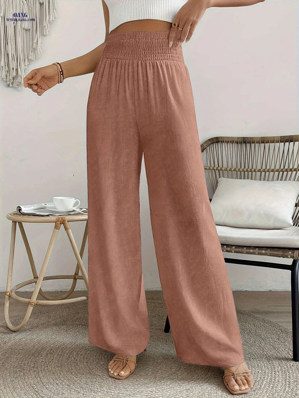 Women's High-Waisted Solid Color Wide Leg Leisure Pants for Vacation   OAXG 