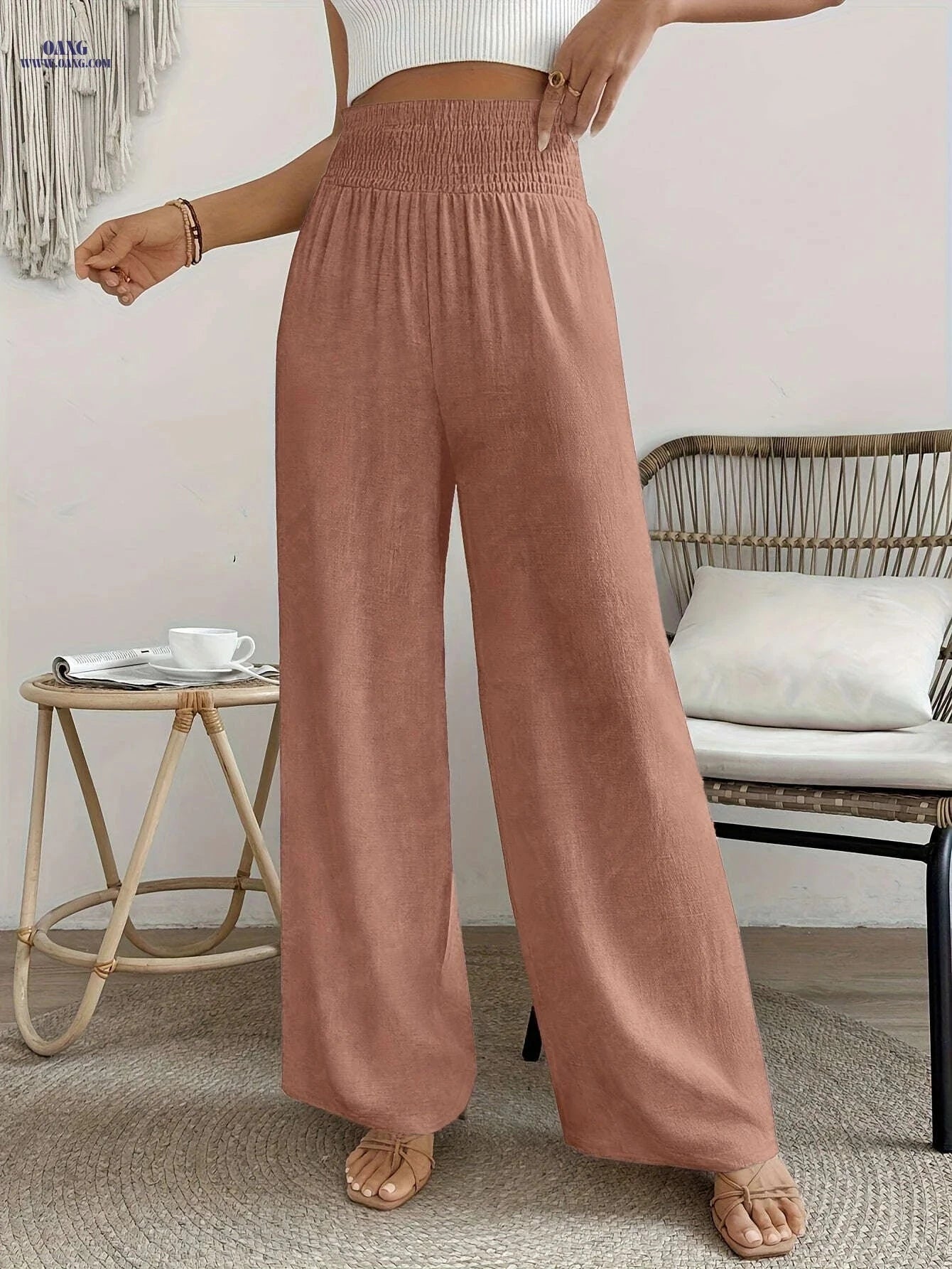 Women's High-Waisted Solid Color Wide Leg Leisure Pants for Vacation   OAXG 