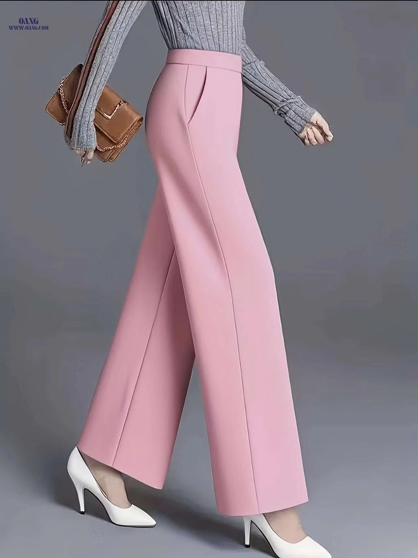 Women's High-Waisted Straight-Leg Pants - Elegant Slant Pockets   OAXG 