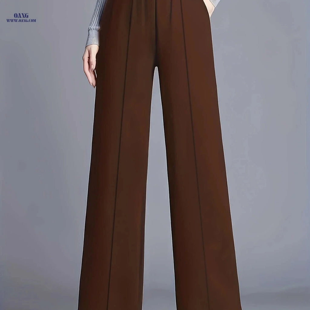 Women's High-Waisted Straight-Leg Pants - Elegant Slant Pockets   OAXG 