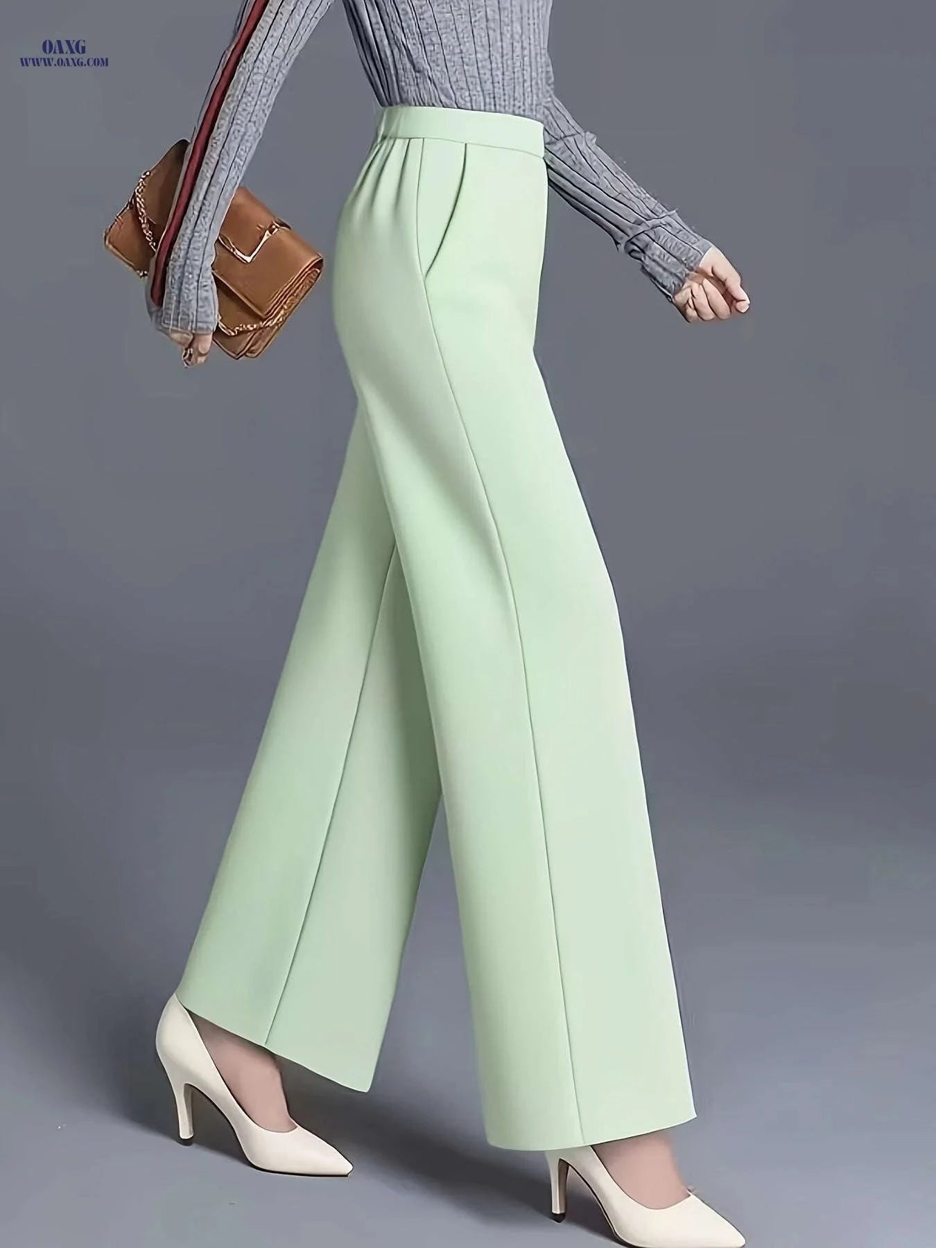 Women's High-Waisted Straight-Leg Pants - Elegant Slant Pockets   OAXG 