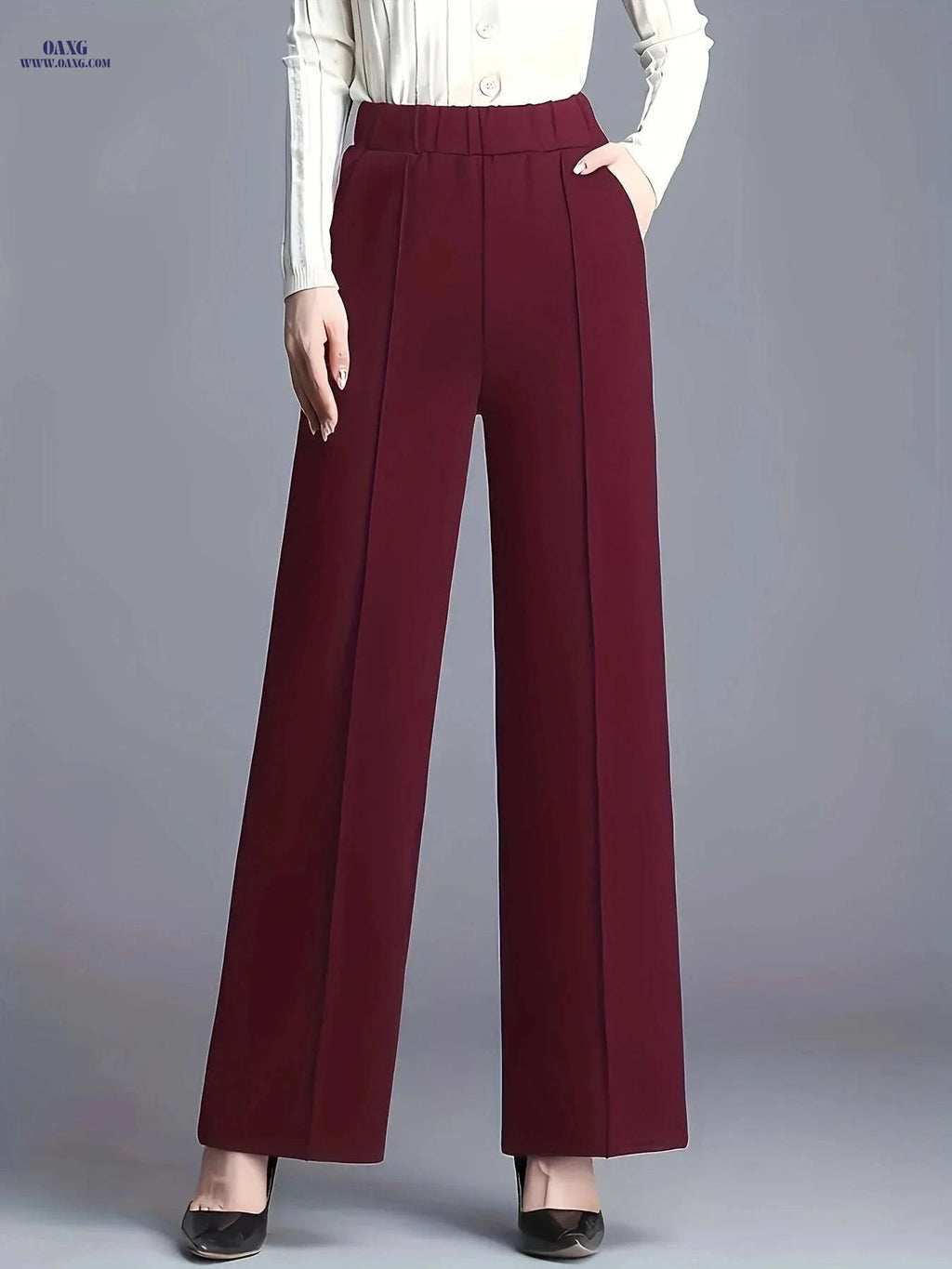 Women's High-Waisted Straight-Leg Pants - Elegant Slant Pockets   OAXG 