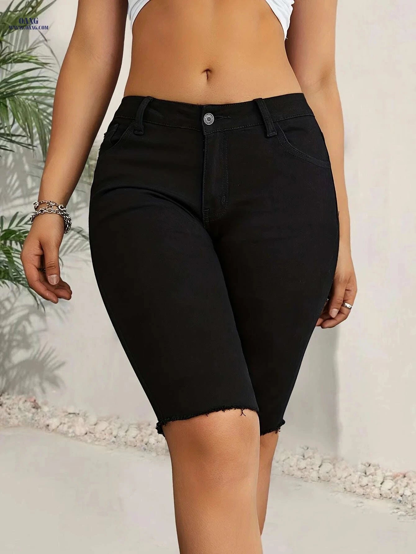 Women's High-Waisted Stretch Denim Bermuda Shorts - Casual & Elegant Fit   OAXG 