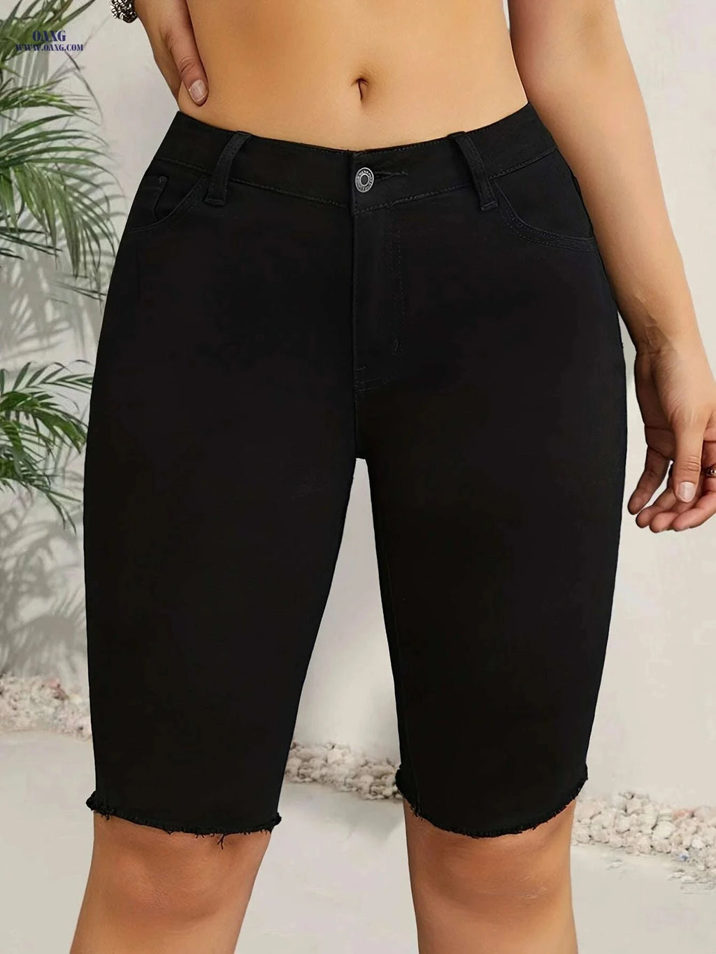 Women's High-Waisted Stretch Denim Bermuda Shorts - Casual & Elegant Fit   OAXG 