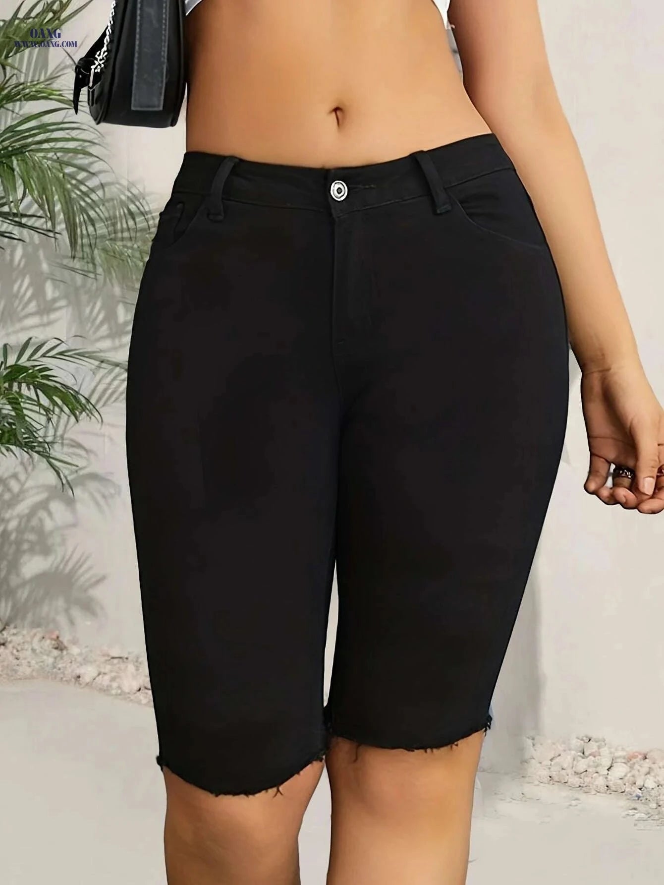 Women's High-Waisted Stretch Denim Bermuda Shorts - Casual & Elegant Fit   OAXG 