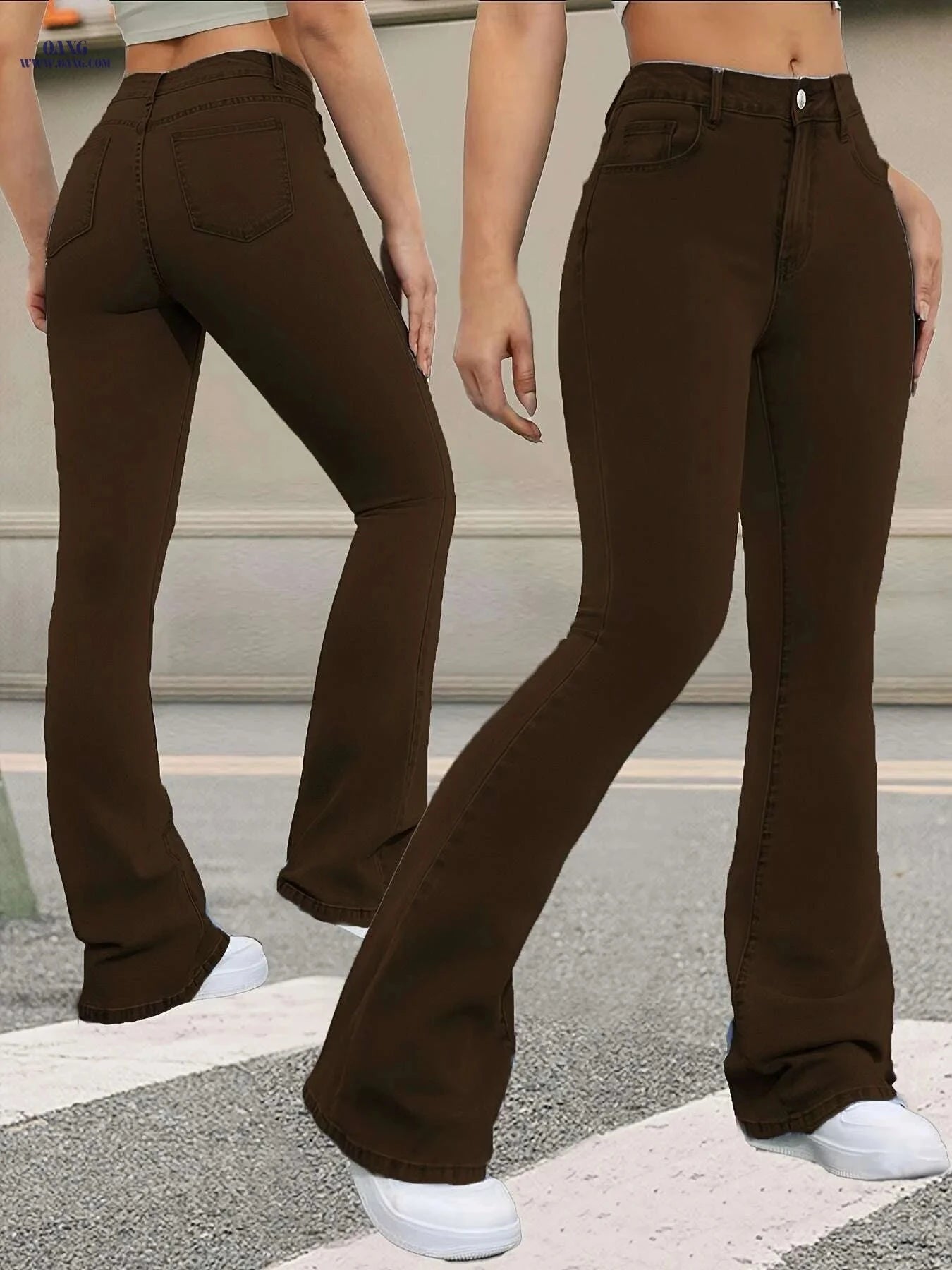Women’s High-Waisted Stretch Denim Jeans - Butt-Lifting Wide-Leg Fit   OAXG Coffee color / XS
