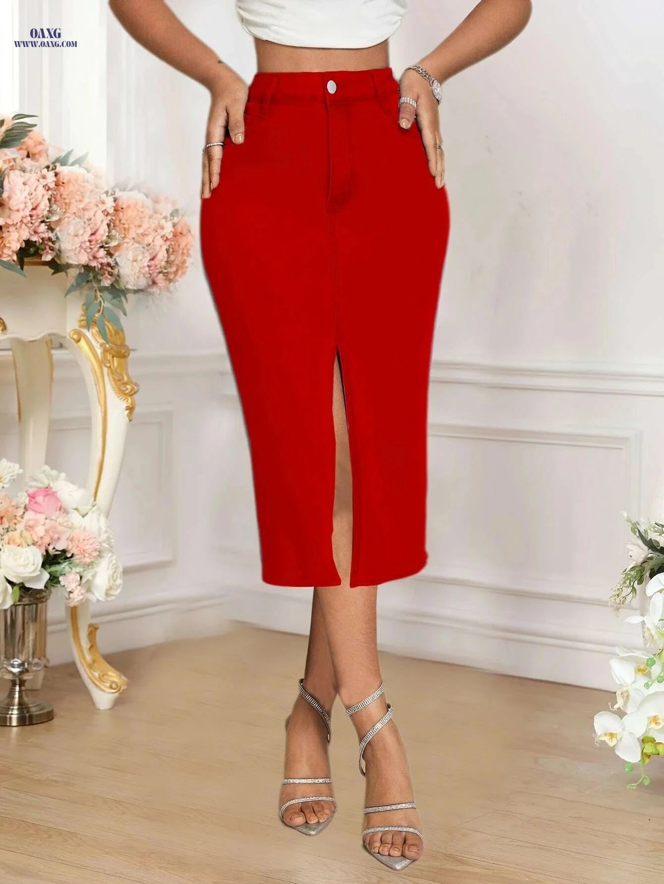 Women's High-Waisted Stretch Denim Midi Skirt - Elegant Red Bodycon   OAXG Red / S