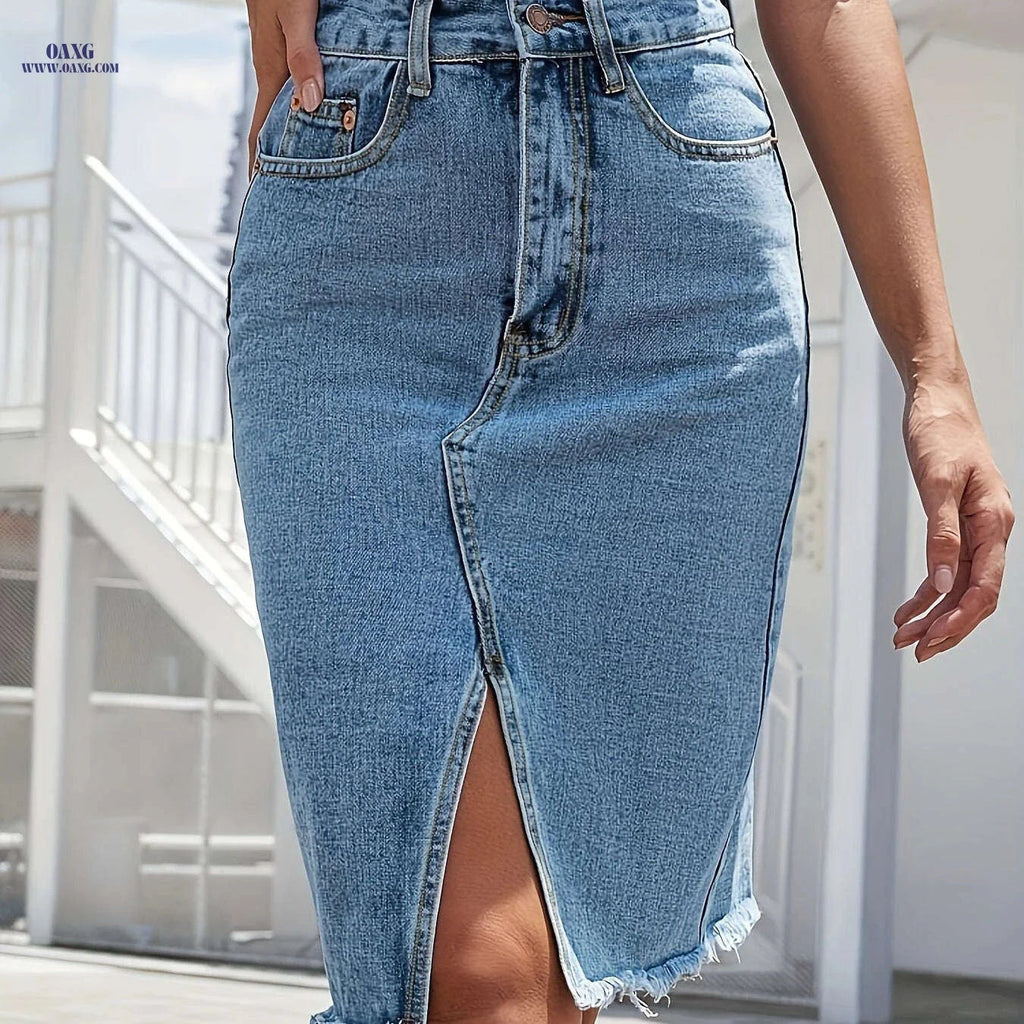 Women's High-Waisted Stretch Denim Midi Skirt - Light Blue A-Line   OAXG 