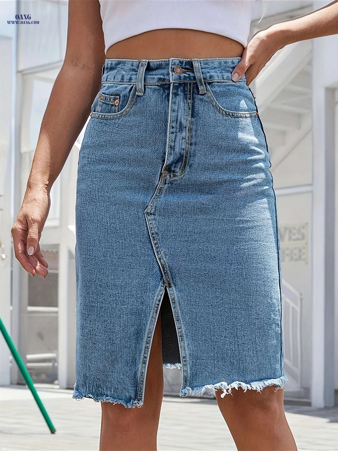 Women's High-Waisted Stretch Denim Midi Skirt - Light Blue A-Line   OAXG Light Blue / S